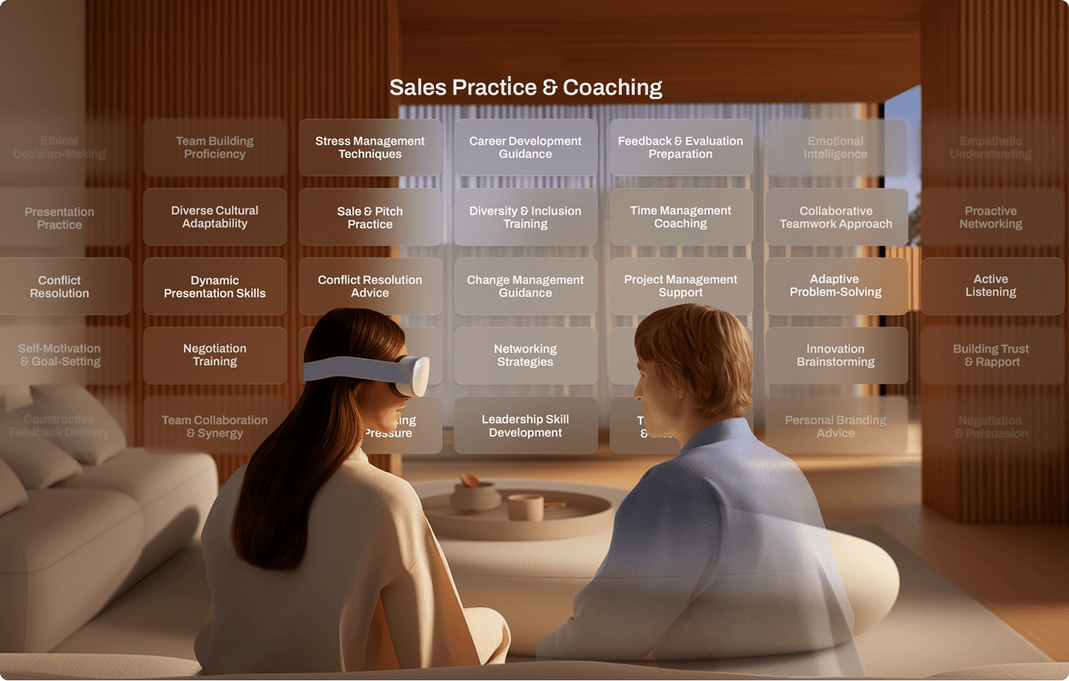 Una mujer con un casco de realidad virtual sentada al lado de un hombre.