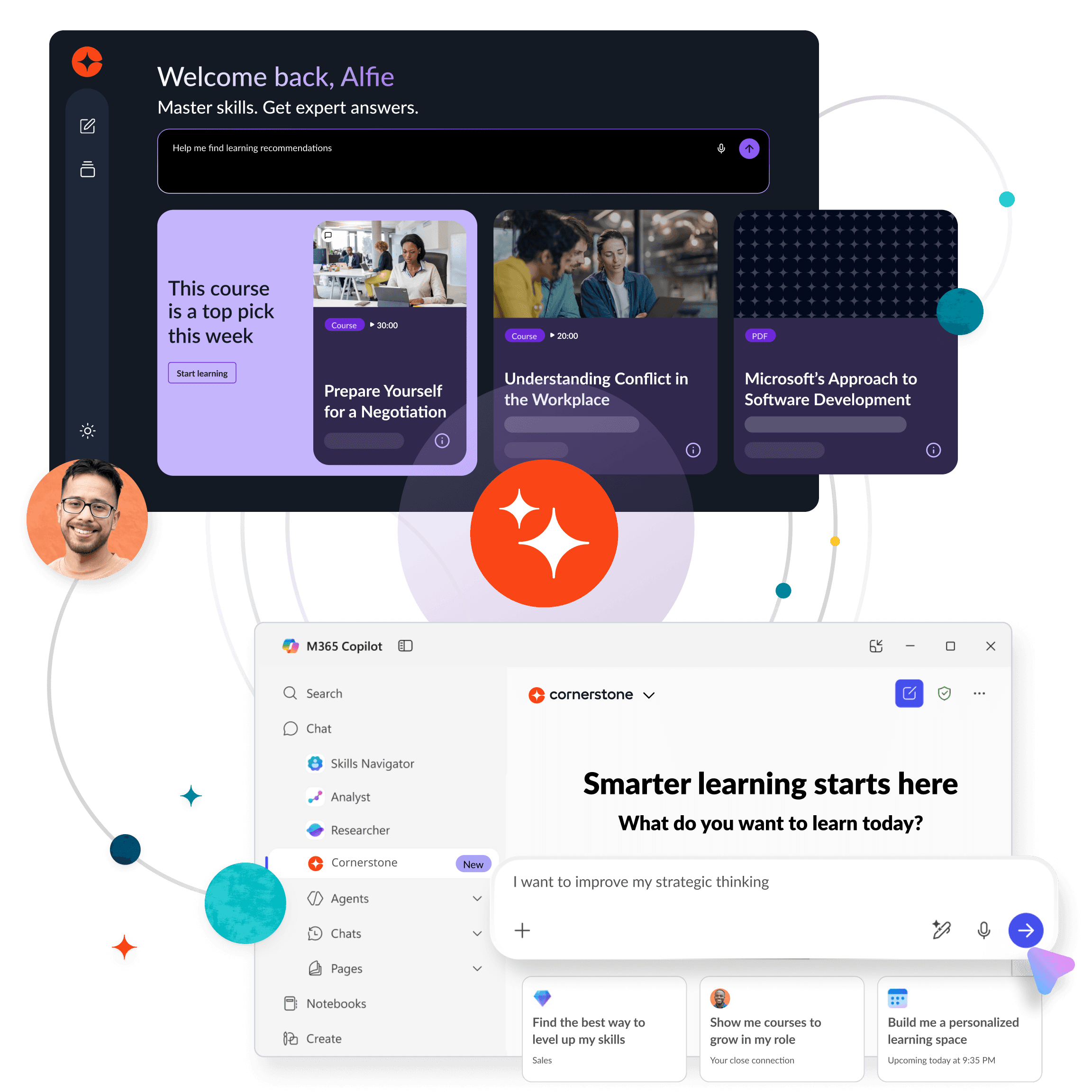 Deux interfaces de plateformes d'apprentissage interconnectées, l'une affichant des cours et l'autre invitant à « Commencer un apprentissage plus intelligent ici », accompagnées d'un profil utilisateur, entourées de lignes abstraites et d'une icône scintillante.