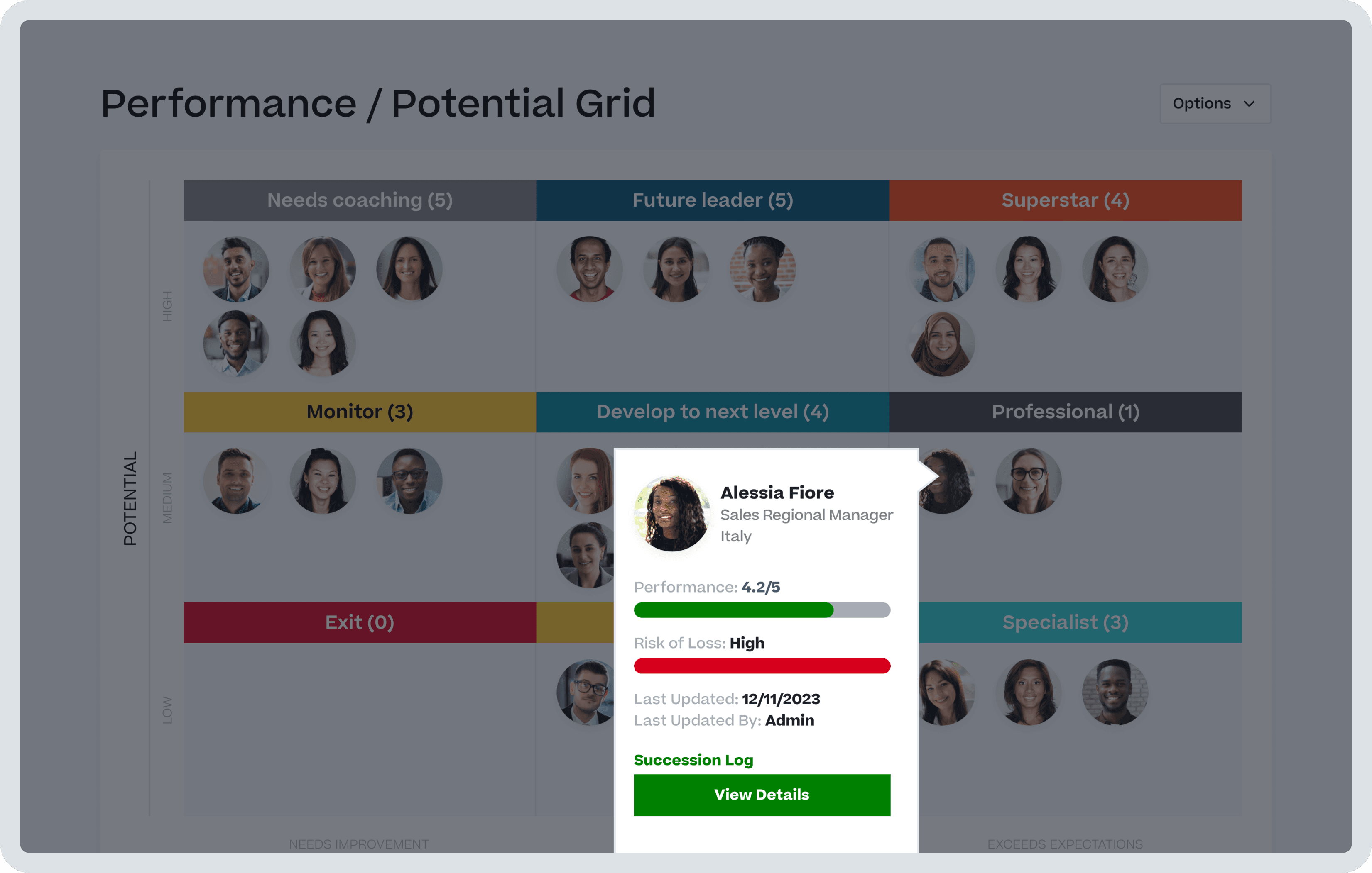 Product screenshot of Cornerstone Performance Management. Specifically, you can see a performance/potential grid.