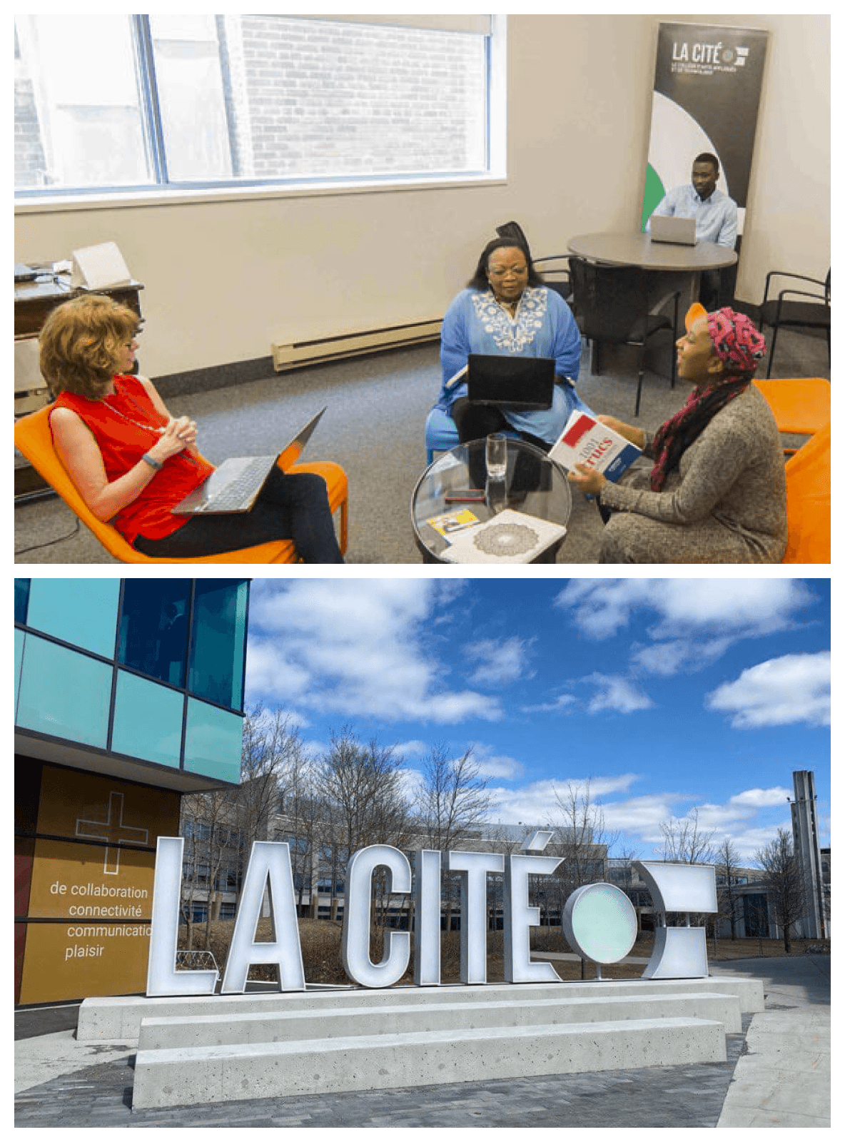 Collage image of four people working in an office along side a La Cité outdoor sign.