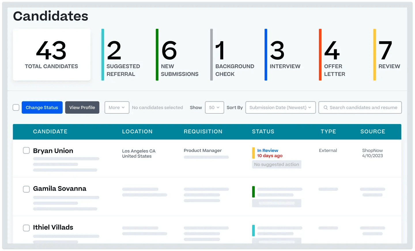 Product screen shot of Cornerstone Recruiting. It shows a dashboard of total candidates and where they are in their recruiting and onboarding journey.