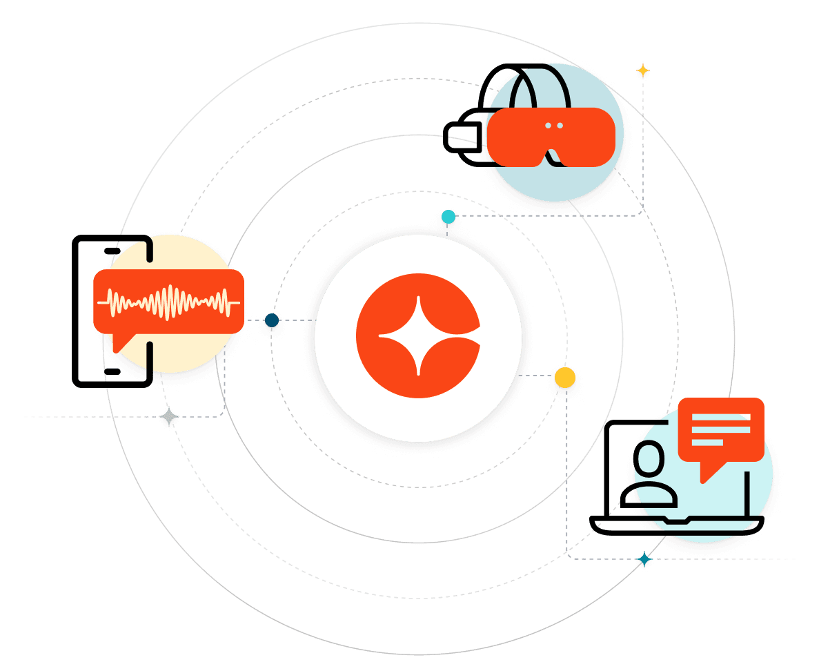 A central orange star logo surrounded by icons representing virtual reality, audio processing, and text chat, connected by dotted lines.