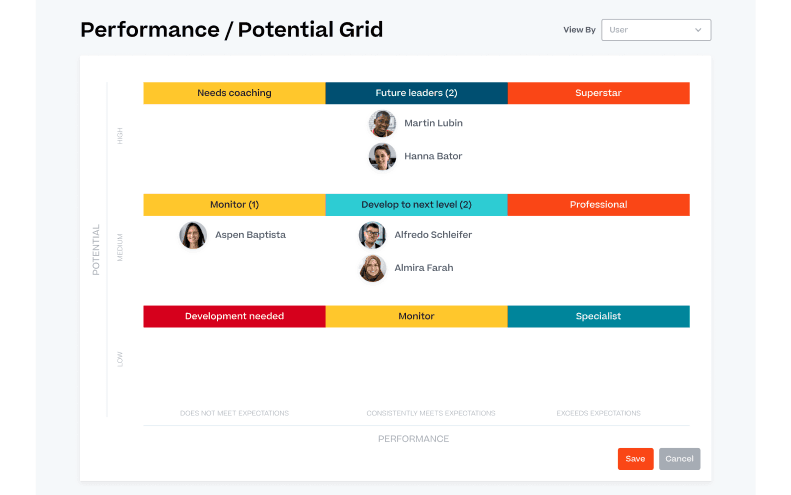 Product screen shot of a Performance and Potential Grid dashboard. You can see how an employee could move through three phases of needing coaching, being a future leader, and being a superstar.